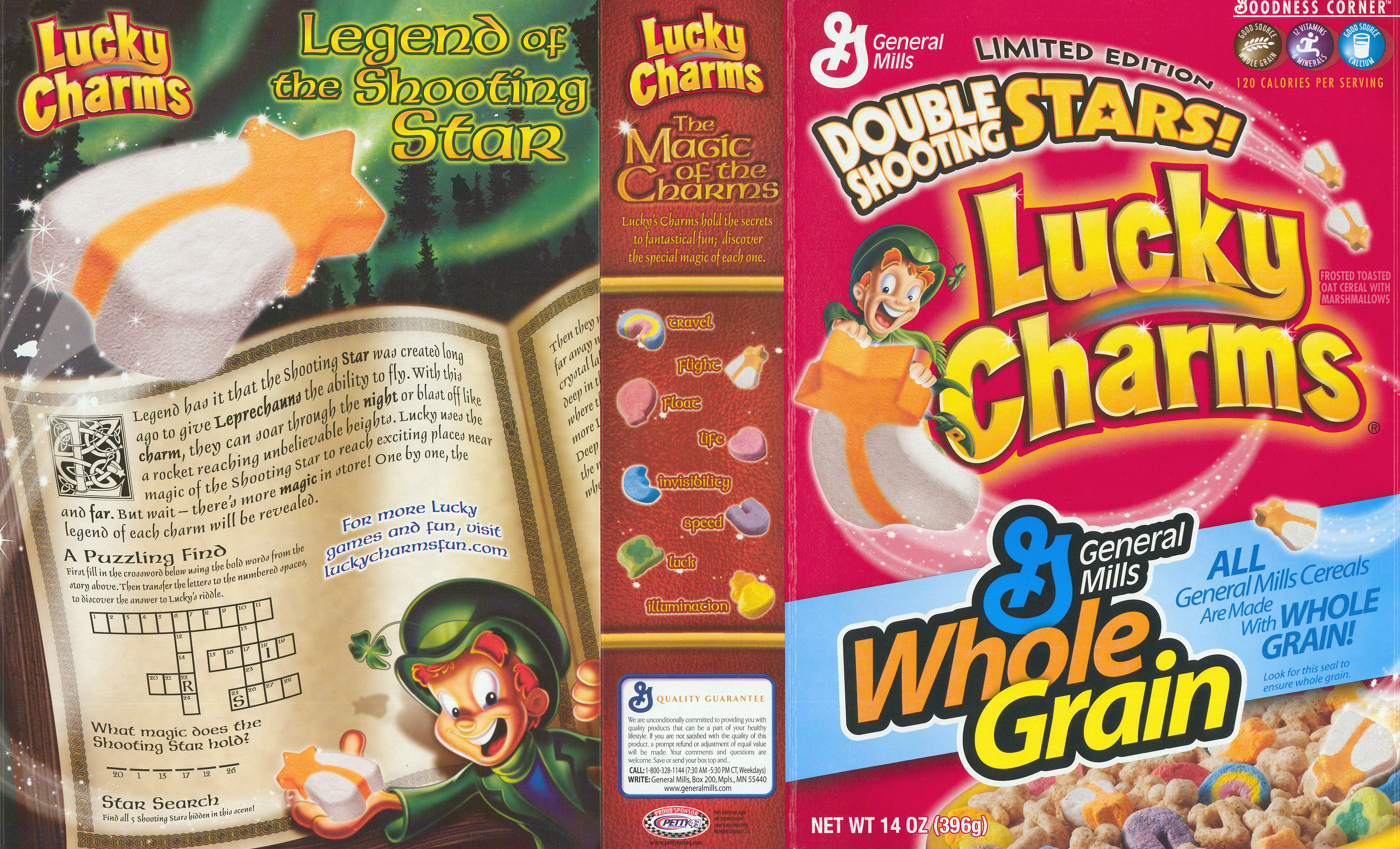 Lucky Charms box with "Magic of the Charms" side panel