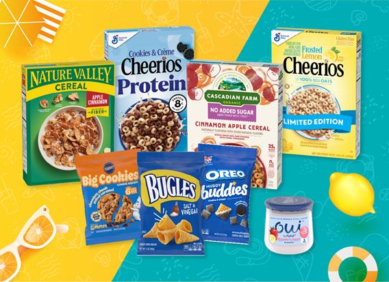 A collection of General Mills products on a summer background