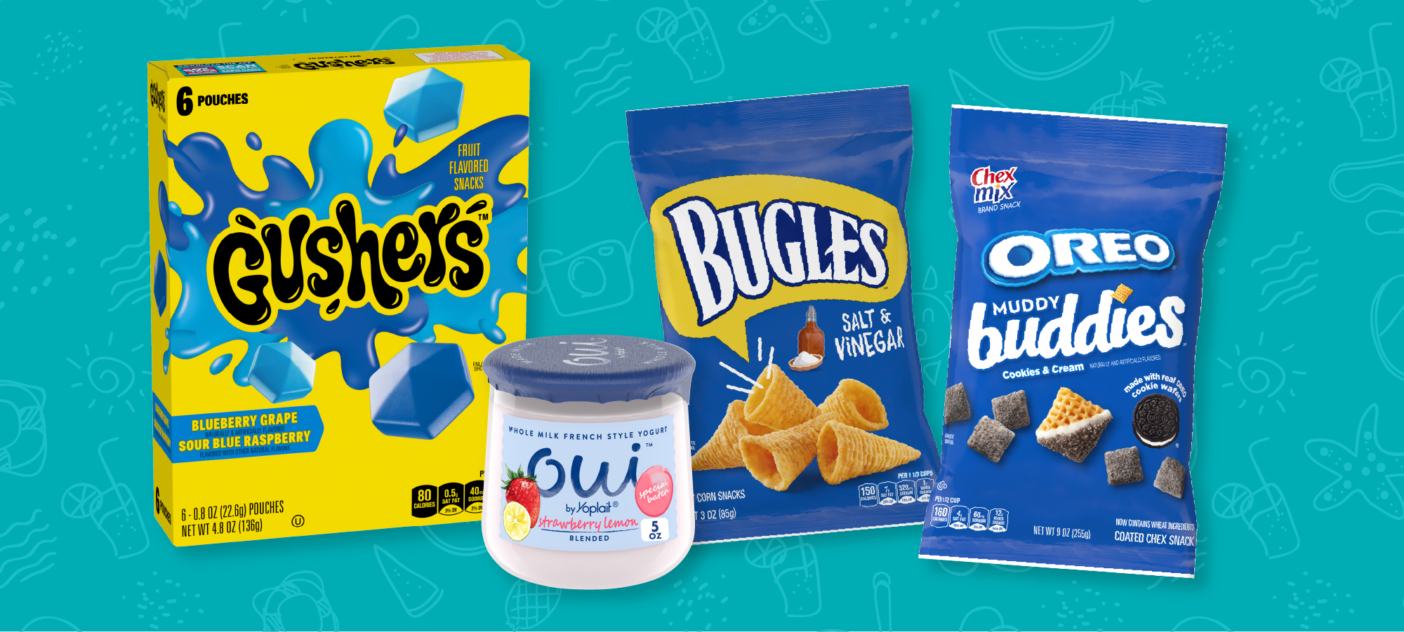 Gushers, Oui yogurt, Bugles and Oreo Muddy Buddies products